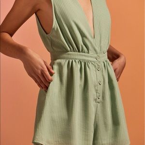 UO Plaid Chiffon Plunging Button-down Romper